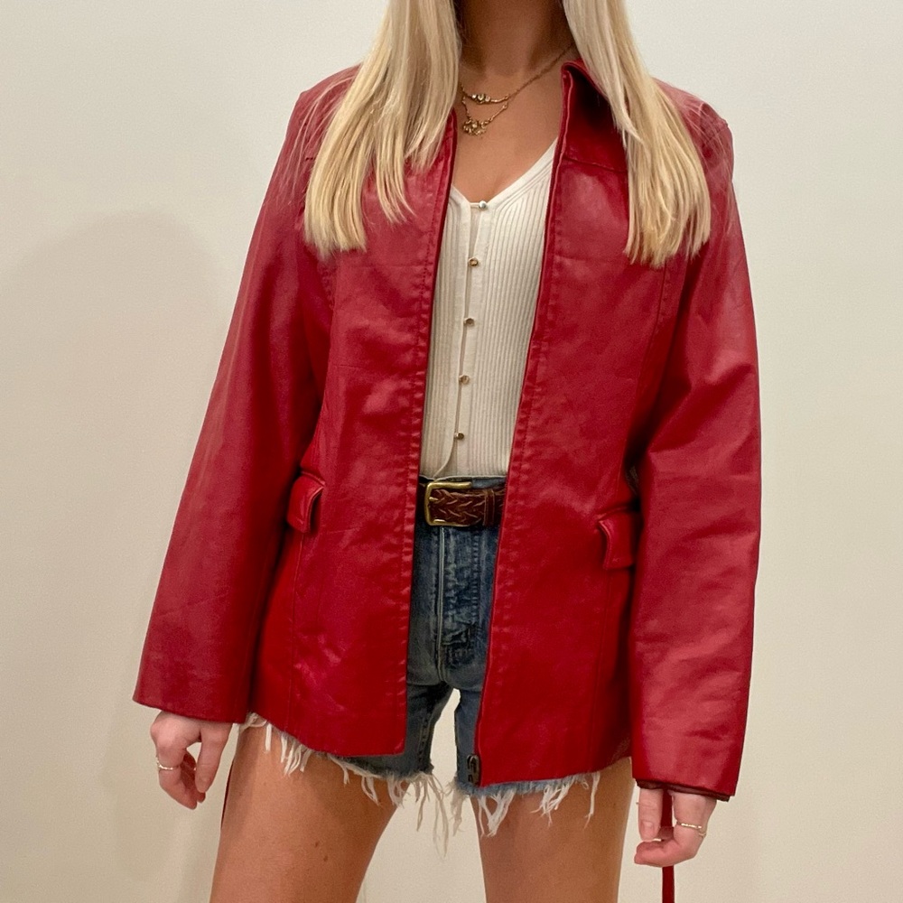 Vintage Leather Collared Lightweight Jacket with Waist Tie in Cherry Red